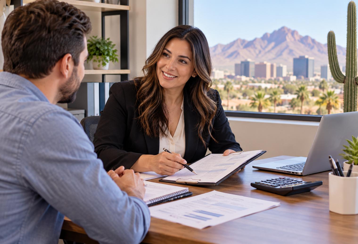 Arizona small business owner meeting with a CPA to discuss tax considerations and payroll requirements when hiring a first employee.
